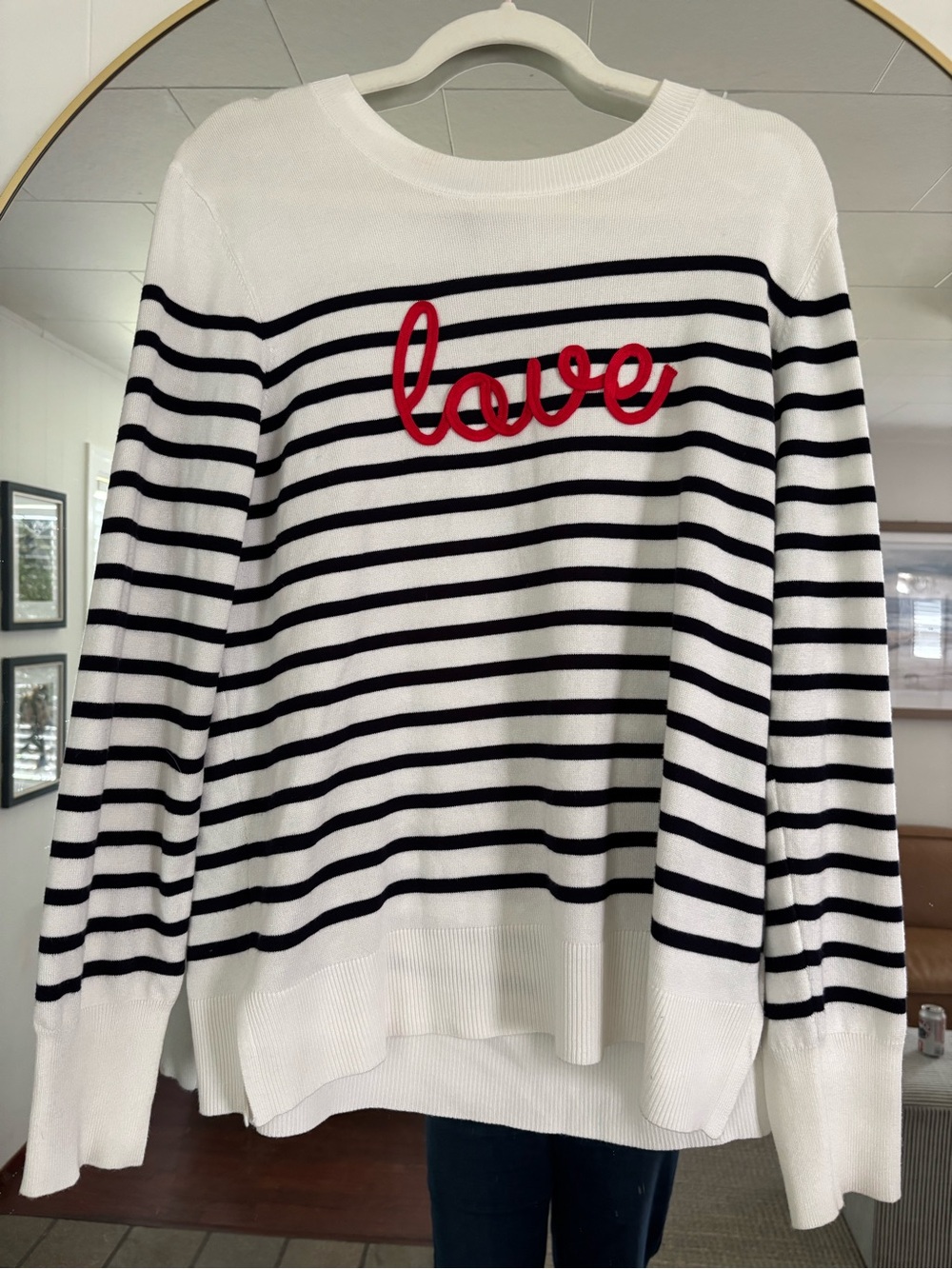 Marled White & Black Striped Crewneck Sweater with Red "Love" Applique